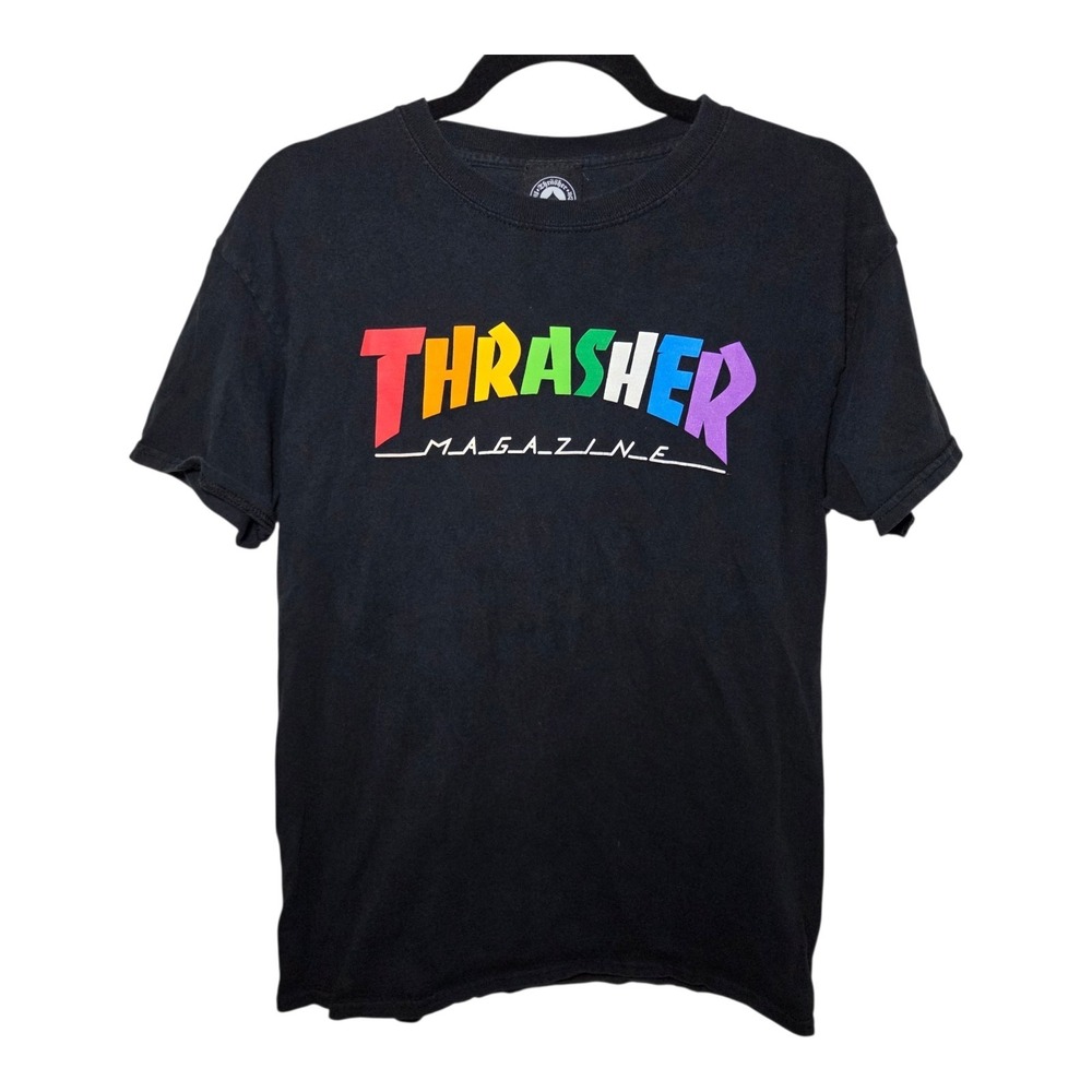 Thrasher Magazine Rainbow Logo Black Graphic T-Shirt Size Medium Skate Y2K